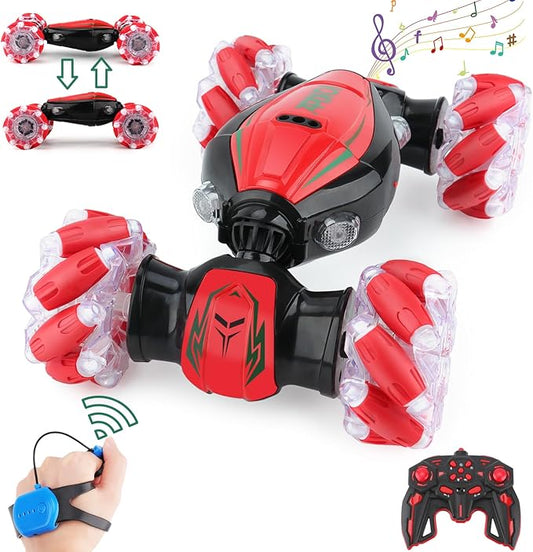 Gesture Sensing RC Stunt Car - Christmas Red, Best Birthday Gifts for Kids 6-12, Hand Remote Control Double Side Twist Cars Toys with Light Music, 4 WD Drift Off Road for Rotation