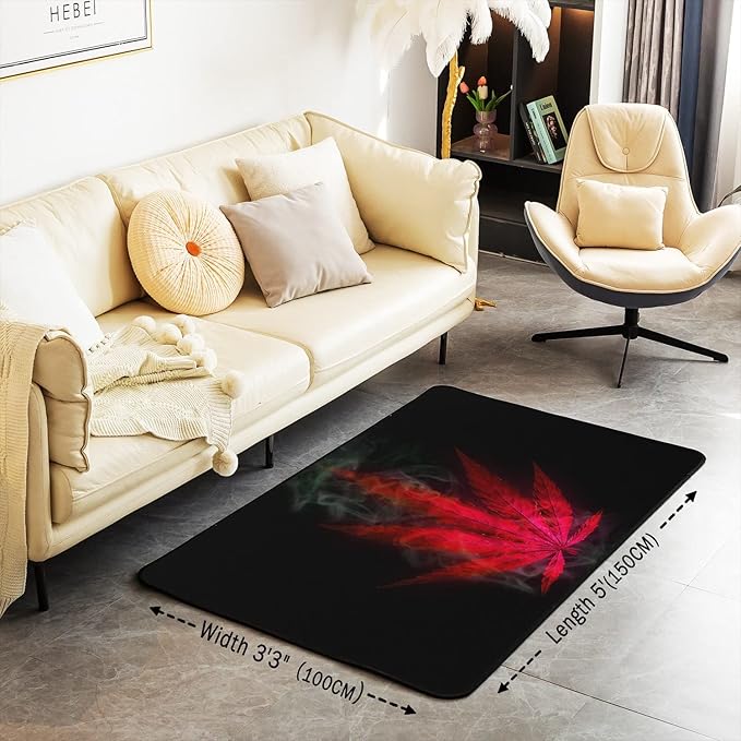 Marijuana Area Rug 3x5, Red Cannabis Leaf Printed Rug for Adult Women Teens Marijuana Weed Leaf Carpet, Exotic Leaves Rustic Boho Trippy Hippie Theme Non Shedding Decorative Rug for Bedside
