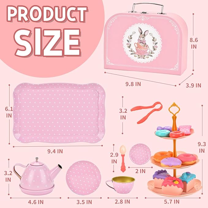 Tea Party Set for Girls – Princess Toddler Birthday Gift, Bunny Tea Time Toys with Teapot, Desserts, Cups, Plates & Carrying Case, Pretend Kitchen Playset for Kids Ages 3-8