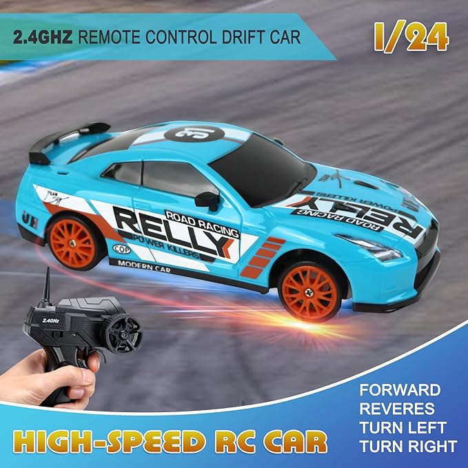 RC Drift Car Remote Control Car 2.4GHz 1:24 Scale 4WD 15KM/H High Speed Model Vehicle LED Lights Drifting Tire Racing Sport Toy for Adult Boys Girls Kids Gift 2Pcs Rechargeable Batterie