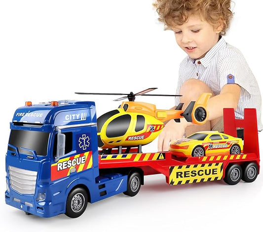 Dwi Dowellin Semi Truck Toy with Lights & Sounds, Racing Car & Helicopter - Birthday Gift for 2-5 Years Old Boys & Girls
