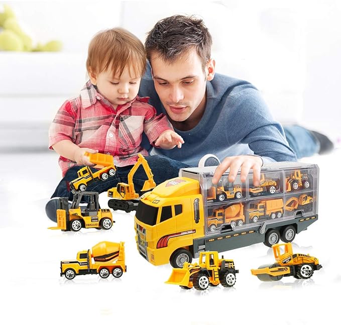 Coolplay 11 in 1 Construction Cars and Trucks Toy for Boys Yellow Truck Carrier Toy Set Little Die-cast Vehicles Mini Excavator Backhoe Mixer Dump Truck Cars for Kids Ages 3-8