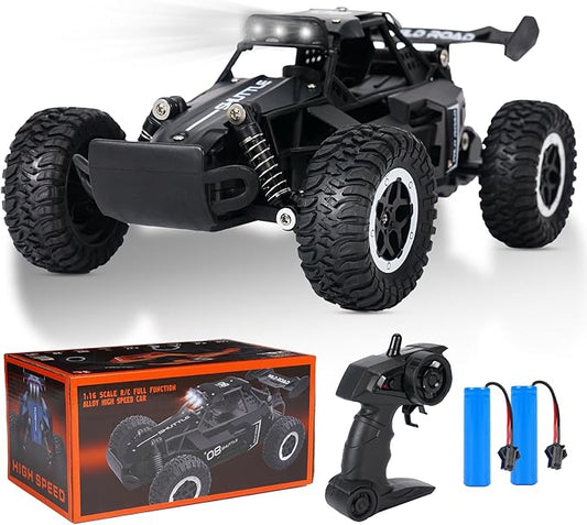 Remote Control Car, Remote Control Truck, 1:16 Balck 2.4Ghz All Terrain Off-Road Monster Truck, 20 km/h RC Cars with LED Bodylight and 2 Rechargeable Batteries Toys Gifts for Adults Boys 3+ Years