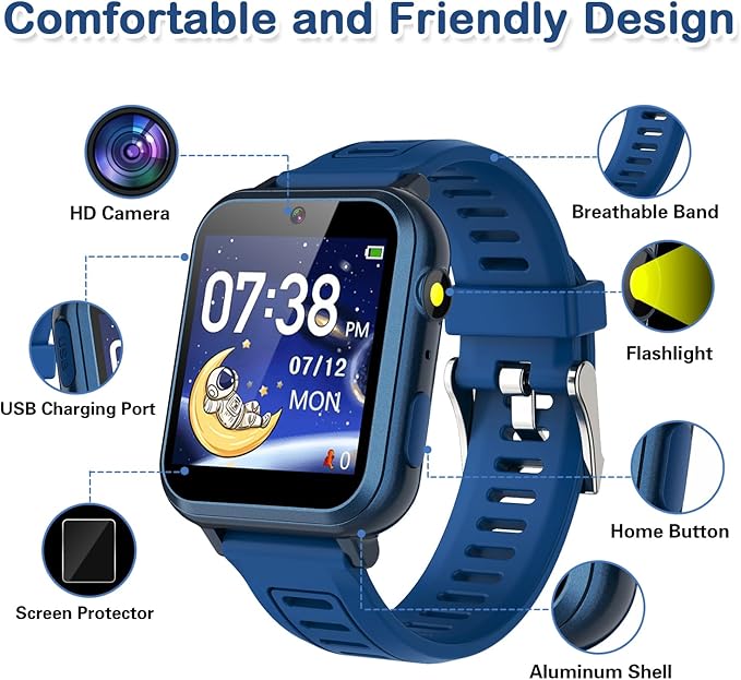 Kids Game Smart Watch for Kids with 24 Puzzle Games HD Touchscreen Camera Music Player Pedometer Alarm Clock Calculator Flashlight 12/24hr Kids Watch Gift for 4-12 Year Old Boys Toys for Kids