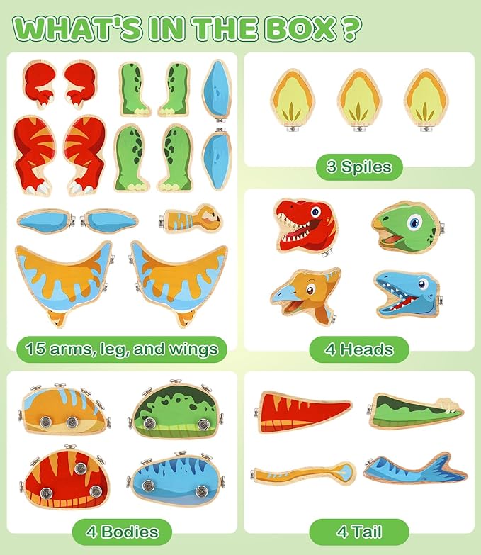 Dinosaur Wooden Toys,Snap on Dino Together Building Blocks,Take Apart Playset, STEM Montessori Educational Fine Motor Skill Learning Birthday Gift for 3 4 5 6+ Years Old Boy Girl Kids