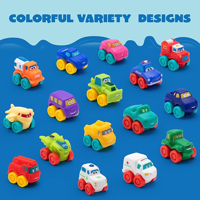 JOYIN Cartoon Cars, Soft Rubber Toy Car Set, Mini Vehicles, Bath Toy Car for Toddlers, Gift for Boys and Girls Easter Basket Stuffers, Summer Beach and Pool Activity, Party Favors for Kids