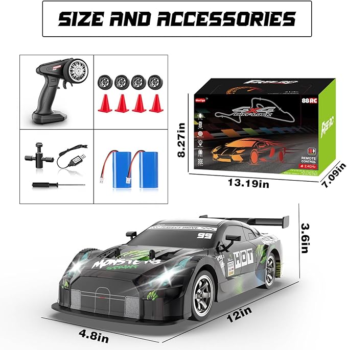 RC Drift Car 1:16, 2.4GHz 4WD Drifting RC Cars 30+KM/H High Speed Remote Control Car with LED Lights Two Batteries and Drift Tires, Race car for Adults Boys Kids, Black