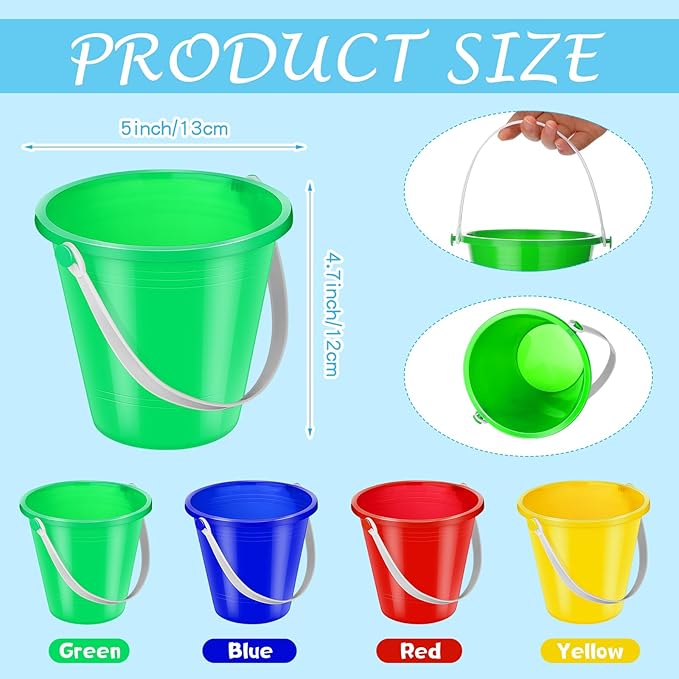 72 Pcs 5 Inch Beach Pails Bulk Colorful Sand Buckets for Boys and Girls Fun Plastic Buckets Party Favors for Sand Molds Summer Activities, Beach Essentials,4 Colors