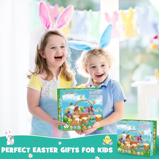 70pcs Easter Floor Puzzles for Kids Age 3-8, Easter Basket Stuffer Gifts for Kids Boy Girls Jumbo Bunny Puzzles Egg Hunt Party Favors