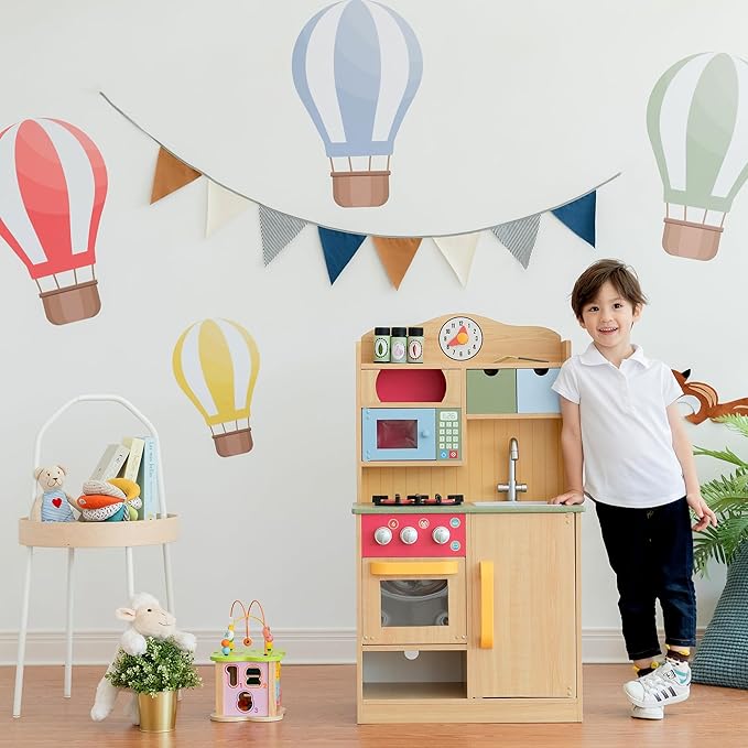 Teamson Kids Little Chef Florence Classic Interactive Wooden Play Kitchen with Accessories and Storage Space for Easy Clean Up, Wood Grain with Red and Yellow Accents