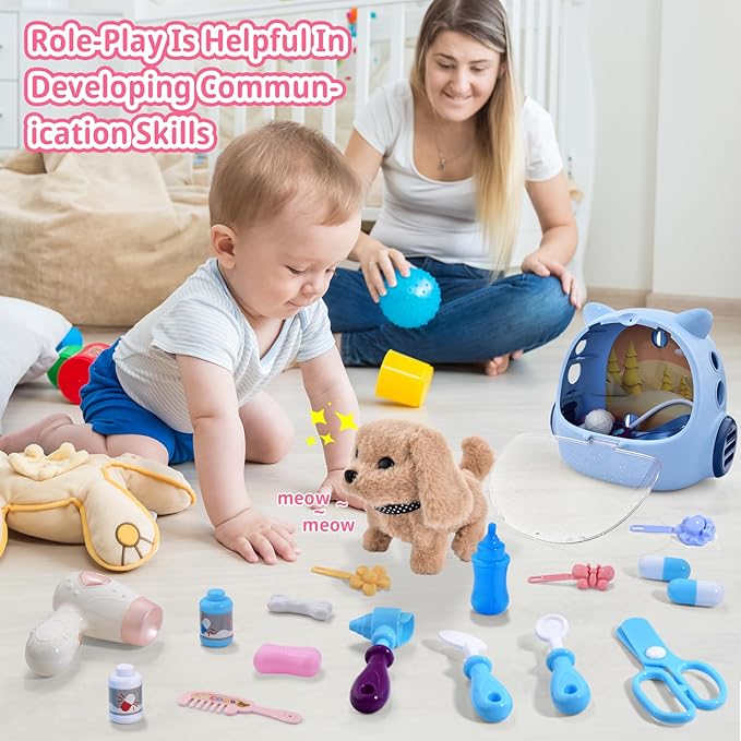 25Pcs Doctor Kit for Toddlers 1-3-5 Doctors Play Set Toddler DR Toys Set Walking Barking Dog Toys for Kids Veterinarian Playset Kids Puppy Pet Vet Kit 3 4 5 Year Old Girl Birthday Gift Toys