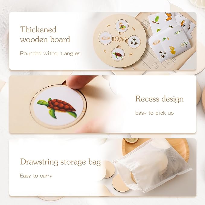 Wooden Life Cycle Tray for Kids - Frogs, Butterflies, Chickens, 40 Pieces - Preschool Learning Activities Puzzle Board, Toddlers Education Kit, Classroom Toys for Boys and Girls