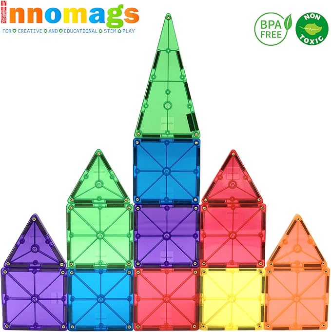 Magnet Tiles 110 Piece Magnetic Building Blocks Jumbo Tile Set, Clear 3D Magnetic Tiles Stem Educational Construction Playboards for Kids, Creative Clickins, Wheels, Bag, Safety Certified