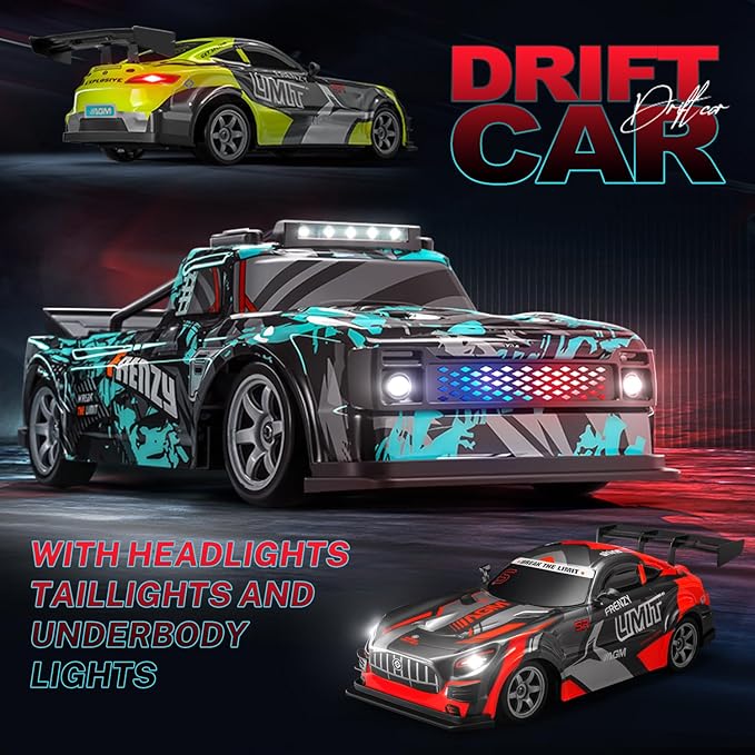 ACAMMZAR 1:16 RC Drift Car, 25KM/H 4WD High Speed Remote Control Cars for Kids, with LED Lights, Two Batteries, Extra Tires, Drift RC Cars for Adults
