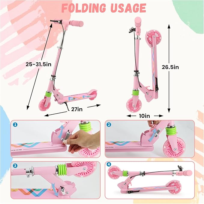TENBOOM Scooter Kids Scooter with Handbrake, Toddler Scooter Scooters for Kids 3+, Light up LED Wheels Toys for Kids, Adjustable Handlebar, Foldable Scooter for Kids