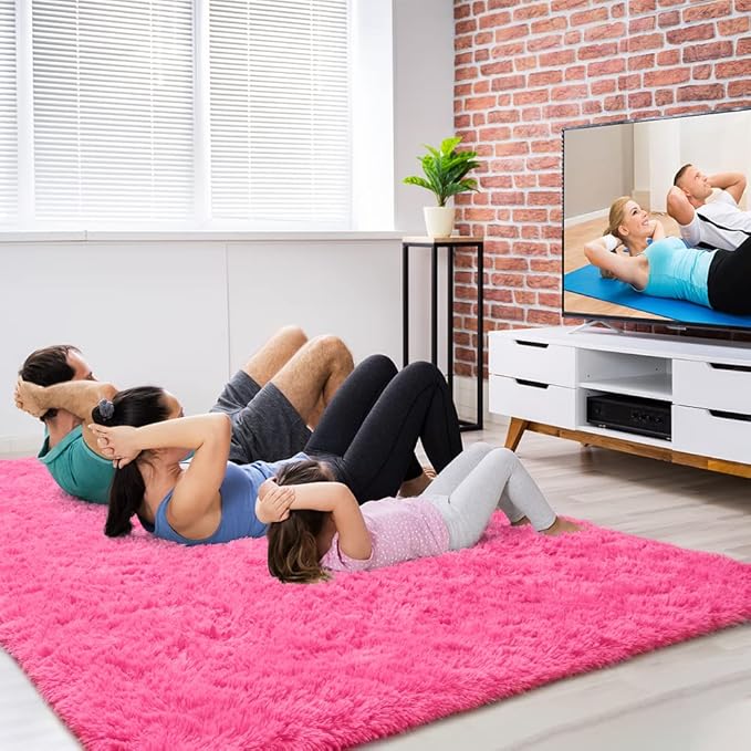 Amearea Shag Fluffy Area Rug for Bedroom Girls Living Room, Extra Soft and Fuzzy Shaggy Rugs, Non Slip, Solid Color Carpet Mat for Boys Nursery Home, Hot Pink 5.3x7.5 Feet