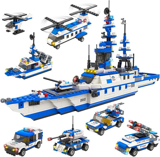 WishaLife 1169 Pieces City Police Station Building Kit, 6 in 1 Military Battleship Building Toy, with Police Cars, Boat, Airplane, Best STEM Construction Toy Gift for Boys and Girls 6-12