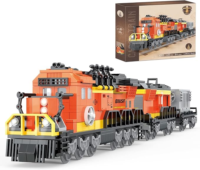BRICK STORY City Cargo Train Building Set, BNSF Freight Trains Model, Steam Locomotive Blocks Toys, Gift for Boys Kids Aged 8-14, 635 Pieces