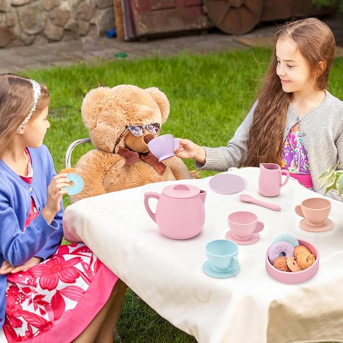 Lorfancy 20 Pcs Silicone Tea Party Set for Little Girls Kids Toddlers Tea Set with Tea Pot Cups Food Pretend Play Kitchen Accessories Christmas Birthday Gift for Girls Age 2 3 4 5 6 Year Old Toys