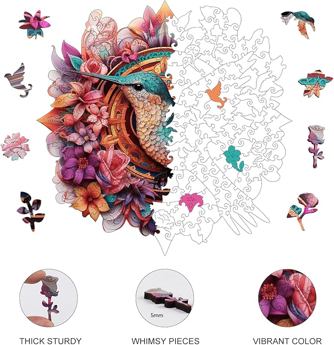 Hummingbird 200 Pieces Wooden Jigsaw Puzzles for Adults with Unique Irregular Shape Fun Challenging Bird Puzzles for Kids and Couples on Birthday,Children’s Day,Christmas 11.3"x 11.3"