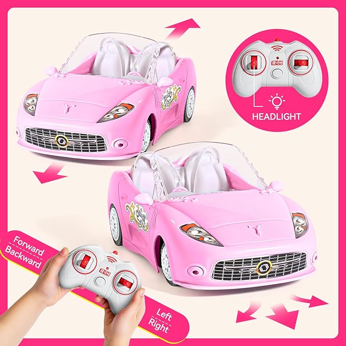 Pink Remote Control Car for Girls, 2.4Ghz Racing for Toddler, 1:18 RC Toys for Kids with Doll, 100 mins with Rechargeable Battery, Birthday for Grils