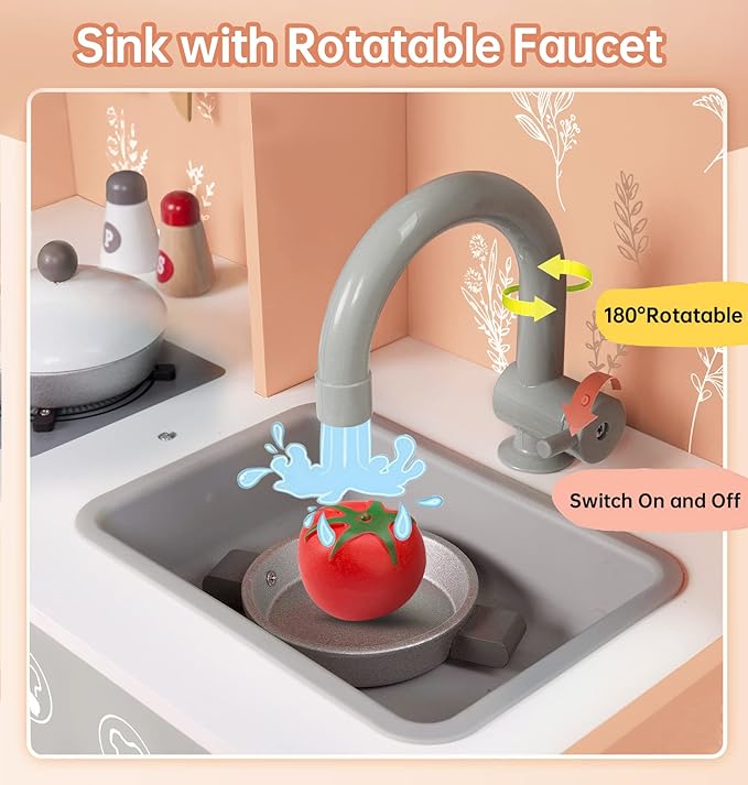 Bruvoalon Wooden Play Kitchen Toy Set for Kids, with Realistic Design, Sink with Faucet, Oven, Microwave, Utensils, Kitchenware Play Food Set Accessories, Birthday Gifts for Toddlers Boys Girls (Pink)