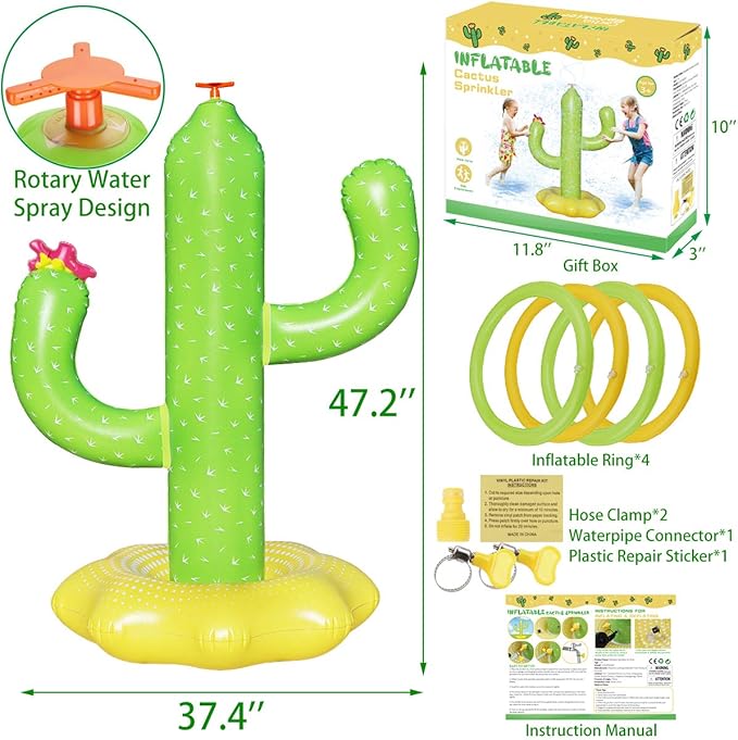 Sprinkler for Kids, Inflatable Cactus Water Toys for Boys Girls, Summer Outdoor Game with 4 Rings, Backyard Water Sprinkler Spray Toy Fun Gifts for Children Ages 3 4 5 6 Years and Up