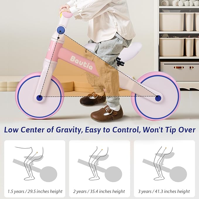 Balance Bike for 2 Year Old, Adjustable Seat & Handlebar, Age18 Months to 5 Years Old, No-Pedal Training Bike Toddler Push Bicycle First Gifts-Pink