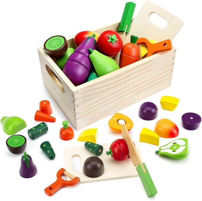 Wooden Play Food Sets for Kids Kitchen Fake Food Cutting Fruit and Vegetables Pretend Play Toddler Toys Food Montessori Toys for 3 4 5 6 7 Years Old Gifts for Boys and Girls