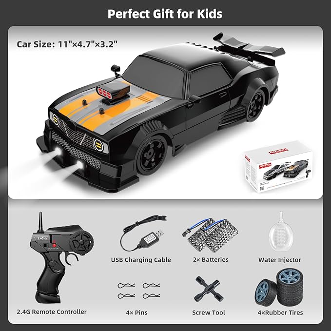RC Drift Car 2.4GHz 1:16 Scale 4WD High Speed Remote Control Cars Vehicle with LED Lights Two Batteries and Drifting Tires Racing Sport Toy Cars for Adults Boys Girls Kids