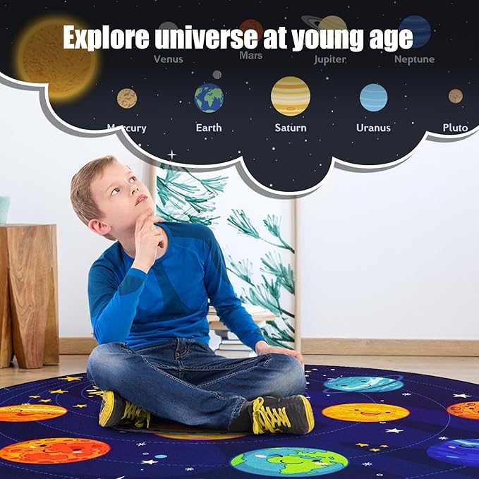 Round Space Rug for Kids Room Solar System Circle Rugs for Bedroom Kids Rugs for Playroom Boys Space Planet Theme Rug Living Room Dining Room Decor 40x40 inch