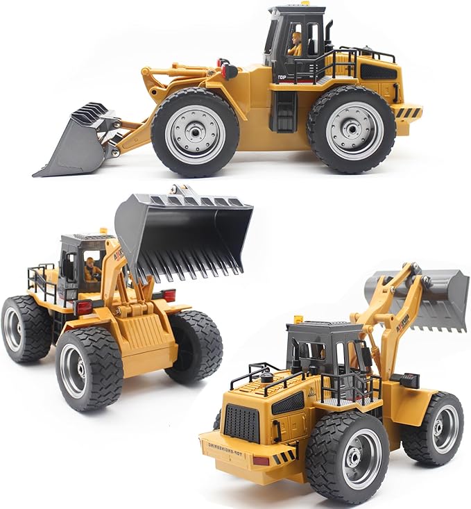 Fistone 9 Channel RC Front Loader, 4WD Alloy Shovel Loader Tractor, 2.4Ghz RC Bulldozer Construction Vehicle Radio Control Tractor Truck Toy with Lights for Kids Age 8-12 Years Old