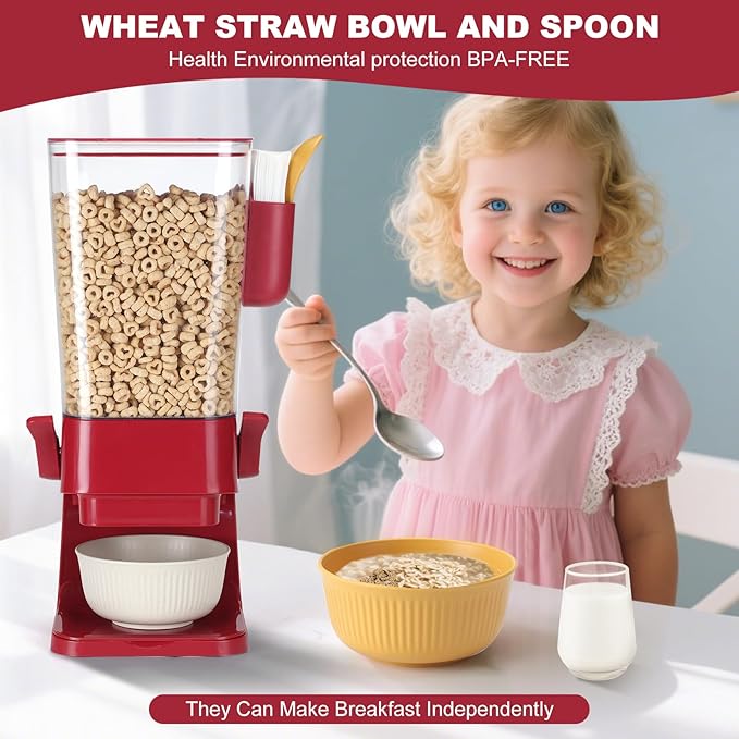 Cereal Dispenser Countertop Red 2 Pack with Creal Bowls Spoons Cutlery Box, Cereal Containers Storage - Not Easy to Crush Food, Dry Food Dispenser For Pantry Candy Snack