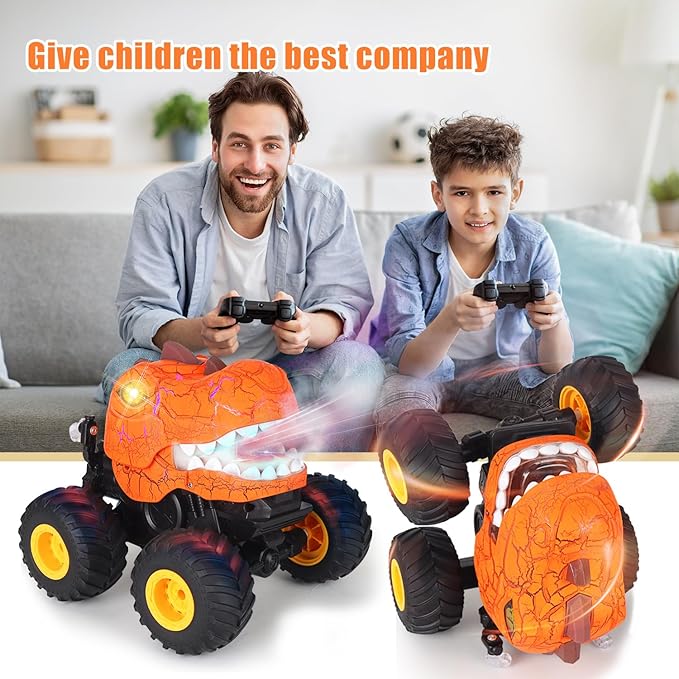 Dinosaur Remote Control Car, Monster Truck Toys with Spray, Light & Sound, 2.4GHz All Terrain RC Cars for Boys Age 4-7, Birthday Gifts for Kids 3-5 6 7 8-12