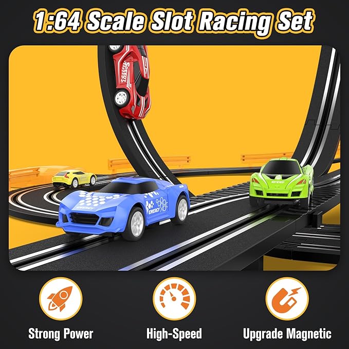 Slot-Car-Race-Track-Sets for Boys Kids, Battery or Electric Race Car Track with 4 High-Speed Slot Cars, Dual Racing Game 2 Hand Controllers Circular Overpass Track, Toys Gifts for 6-8 8-12 Boys Girls