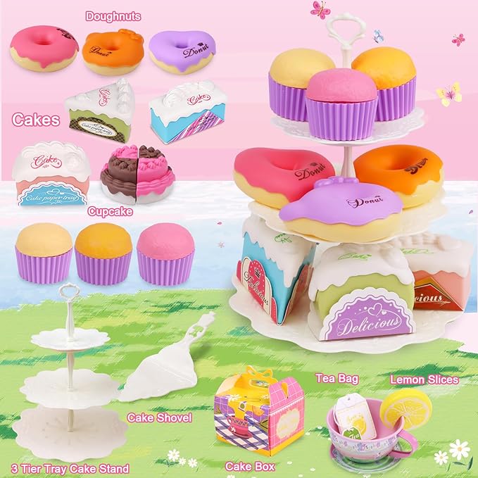 Tea Set for Little Girls,PRE-WORLD 50PCS Princess Tea Party Time Toy Including Dessert,Cookies,Doughnut,Teapot Tray Cake, Tablecloth & Carrying Case,Kids Kitchen Pretend Play for Girls Boys Age 3-6