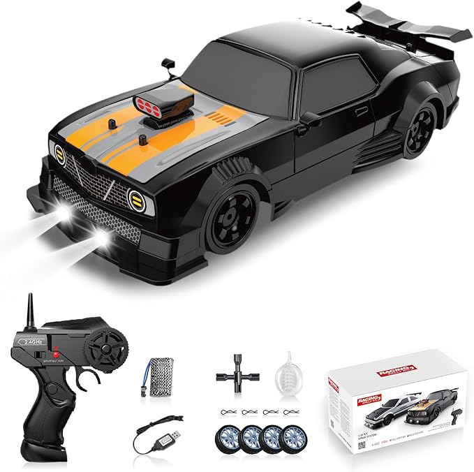 1/16 4WD RC Drift Car, 2.4GHz 4WD Remote Control Car, 18KM/H+ High Speed, LED Lights, Sprayer, Rechargeable Battery, Extra Tires, Unisex Children (8+), Black