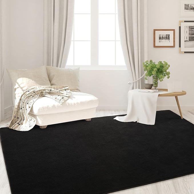 FlyDOIT Area Rugs for Bedroom Living Room, 7x10 Black Super Soft Comfy Thickened Memory-Foam Indoor Carpets, Modern Aesthetic Minimalist Carpet for Boys Girls Adults Apartment Nursery Home Décor