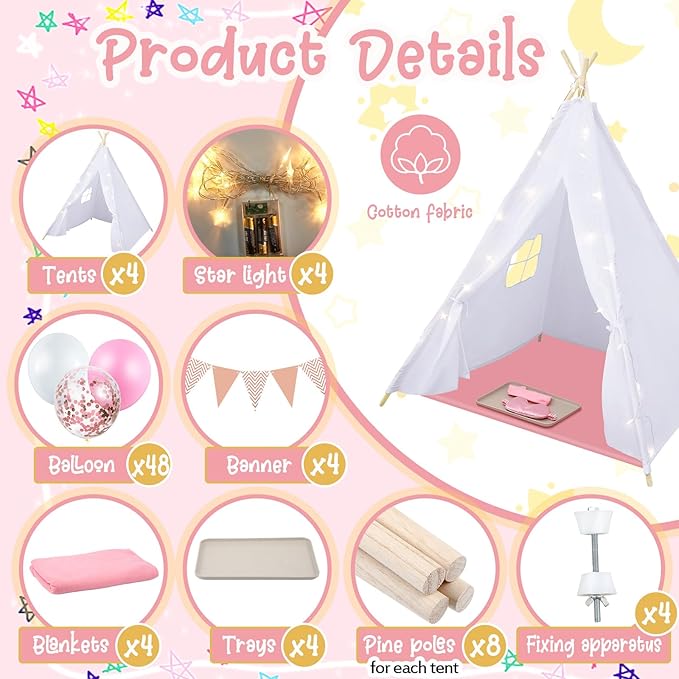 Windyun 4 Pack Teepee Tent for Kids with Light Blankets and Trays, Natural Cotton Toddler Play Tent, Washable Children's Sleepover Teepee for Girls Boys Indoor Outdoor Slumber Party Birthday Gifts