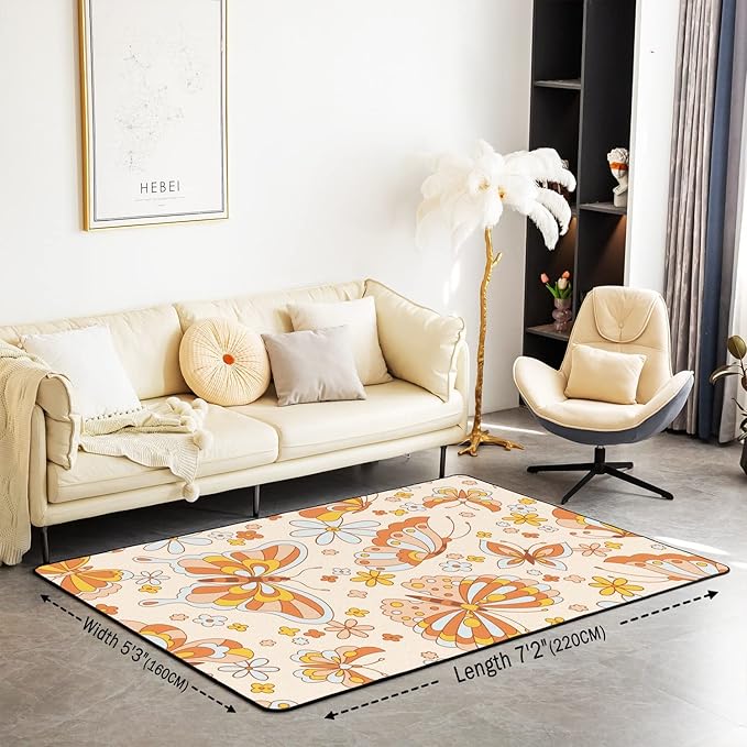 Erosebridal Retro 70S 60S Floral Hippie Area Rugs 5x7 for Kids Girls Cute Groovy Butterfly Flower Power Decorative Rug Boho Natural Flowers Rainbow Garden Botanical Washable Carpet