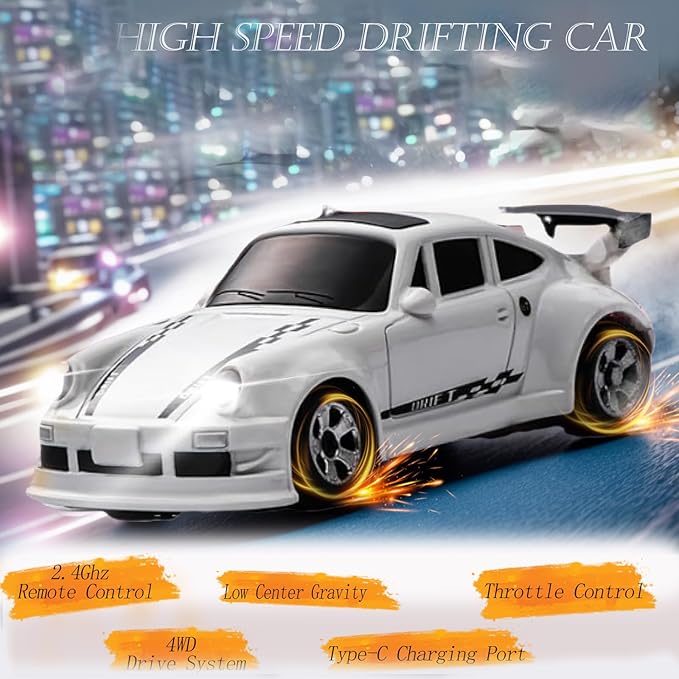 RC Drift Car, 1/64 Scale Mini Drift Cars, 2.4GHz Adjustable Throttle High Speed Remote Control Car, RTR 4WD Fast RC Cars with Lights, Hobby Race Vehicle Toy Birthday Gift for Kids, Boys, Girls, Adults