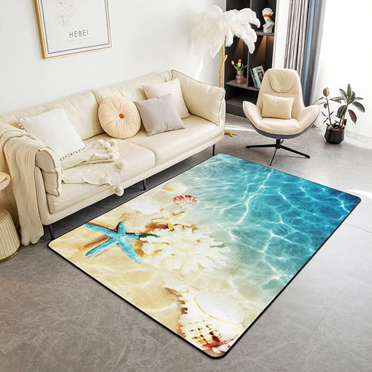 Ocean Area Rugs 5x6'6'', Beach Rug, Coastal Nature Theme Teal Carpet, Boys Girls Hawaiian Sea Wave Animals Shell Starfish Washable Accent Rug for Bedroom, Blue