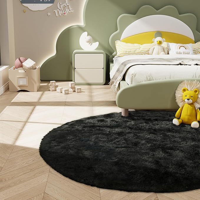 LOCHAS Luxury Round Fluffy Area Rugs for Bedroom Kids Girls Room Nursery, Super Soft Circle Rug, Cute Shaggy Carpet for Children Living Room, 5x5 Feet Black