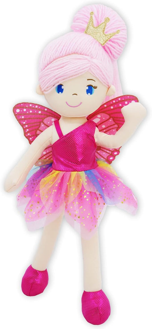 June Garden 16" Enchanted Garden Fairy Doll Siofra - Plush Stuffed Soft Doll Girl Gift - Fushia Outfit and Wings