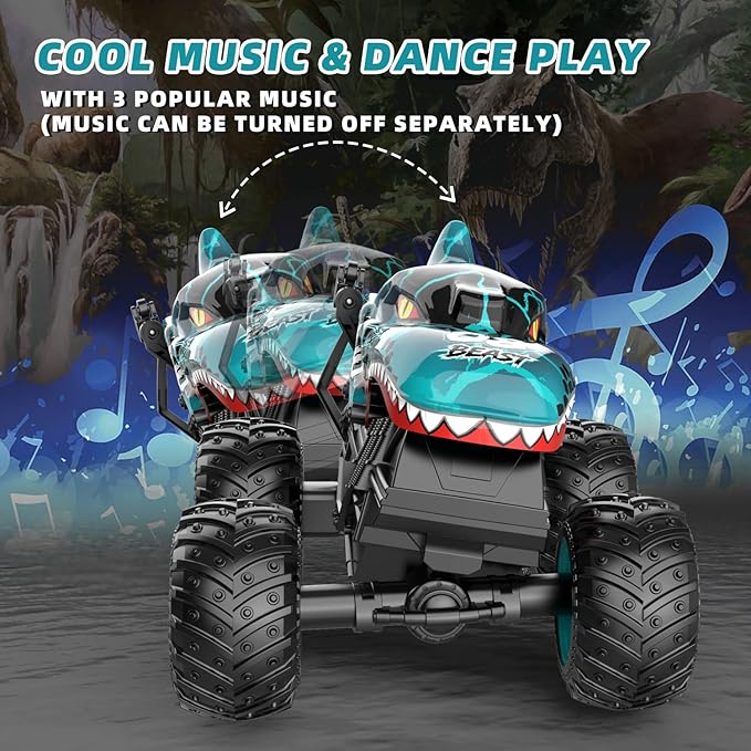 Monster Truck Toys, 2.4Ghz RC Monster Trucks for Boys, 1:20 Dinosaur RC Cars with Light & Music, Remote Control Truck with Stunt, 360° Spin, Walk Upright& Drift, Remote Control Car for Boys 4-7