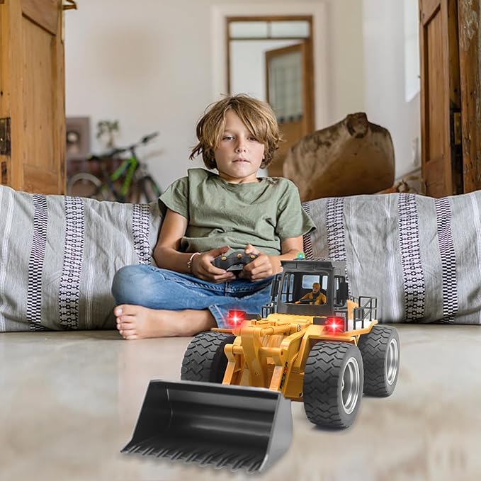Fistone 9 Channel RC Front Loader, 4WD Alloy Shovel Loader Tractor, 2.4Ghz RC Bulldozer Construction Vehicle Radio Control Tractor Truck Toy with Lights for Kids Age 8-12 Years Old