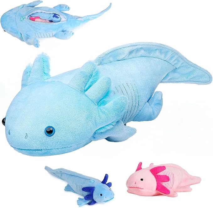 Simulation Blue Axolotl Plush Toy, Cute and Soft Zippered Blue Axolotl Set Stuffed Animal Plush Toys for Kids Boys and Girls Gifts, Room Decor