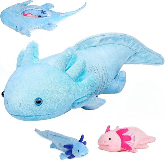 Simulation Blue Axolotl Plush Toy, Cute and Soft Zippered Blue Axolotl Set Stuffed Animal Plush Toys for Kids Boys and Girls Gifts, Room Decor