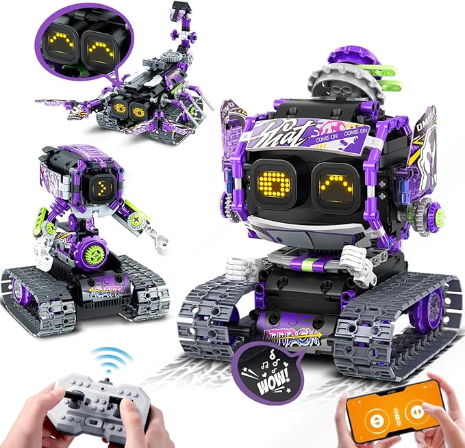 Robot Building Toy with LED Eyes & Sound, App Remote Controlled STEM Rechargeable Robotics Building Set 458 PCS, 3 in 1 RC Tech Building Block Kit Gift for Kids Boys Girls 6 7 8 9 10 11 12+