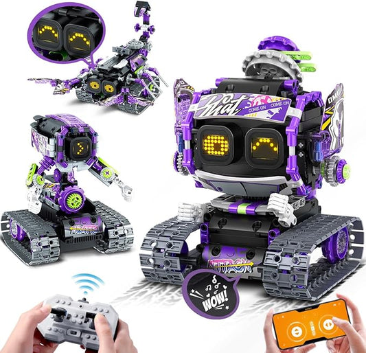 Robot Building Toy with LED Eyes & Sound, App Remote Controlled STEM Rechargeable Robotics Building Set 458 PCS, 3 in 1 RC Tech Building Block Kit Gift for Kids Boys Girls 6 7 8 9 10 11 12+
